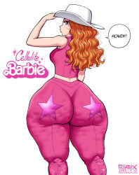 Rule 34 | ass, barbie (franchise), barbie (live action), blue eyes, breasts, cellulite, clothes, cowboy hat, english text, fat, fellatrix, hat, highres, huge ass, large breasts, looking back, mary lou (fellatrix), orange hair, pants, standing, thick thighs, thighs, wide hips