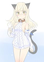 Rule 34 | 1girl, absurdres, animal ears, aohashi ame, bare shoulders, blush, breasts, cat ears, cat tail, closed mouth, collar, collarbone, elbow gloves, fingerless gloves, glasses, gloves, highres, long hair, looking at viewer, open mouth, perrine h. clostermann, ribbed sweater, shiny skin, simple background, small breasts, solo, strike witches, sweater, tail, white gloves, world witches series, yellow eyes