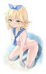 Rule 34 | 1girl, arm under breasts, ascot, ass, bare arms, bare shoulders, barefoot, blonde hair, blue ascot, blue bow, blue sailor collar, blush, bottomless, bow, bow hairband, breast curtains, collarbone, commentary request, embarrassed, flat chest, full body, green eyes, hairband, highres, idolmaster, idolmaster cinderella girls, idolmaster cinderella girls u149, kneeling, matanonki, no bra, nose blush, open mouth, sailor collar, sailor swimsuit (idolmaster), sakurai momoka, shallow water, short hair, simple background, solo, thighs, water, wet, white background