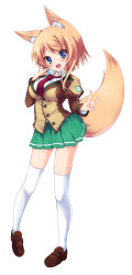Rule 34 | 1girl, :d, amamine, animal ears, bad id, bad pixiv id, blazer, blonde hair, blue eyes, fox ears, fox tail, highres, jacket, juliet sleeves, loafers, long sleeves, necktie, open mouth, original, puffy sleeves, school uniform, shoes, short hair, skirt, smile, solo, tail, thighhighs, white background, white thighhighs