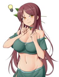 Rule 34 | 1girl, ajidot, bare shoulders, brown hair, choker, cleavage cutout, clothing cutout, commentary request, crop top, cropped shirt, finger to cheek, green choker, green shirt, green skirt, groin, hands up, highres, light bulb, long hair, looking at viewer, midriff, navel, off-shoulder shirt, off shoulder, original, shirt, short sleeves, simple background, skirt, skirt set, smile, solo, stomach, upper body, very long hair, white background, yellow eyes