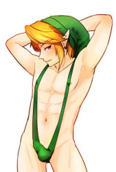Rule 34 | 1boy, abs, blonde hair, blue eyes, blush, bulge, crotch, hat, highres, kaedenomitu, link, male focus, naughty face, nintendo, pointy ears, smile, solo, tagme, the legend of zelda