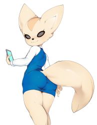 Rule 34 | 10s, 1girl, :3, aggressive retsuko, animal ears, ass, blue skirt, cellphone, fenneko, flat chest, fox ears, fox tail, from behind, furry, furry female, highres, holding, holding phone, legs together, long sleeves, looking at viewer, looking back, office lady, pencil skirt, phone, shirt, simple background, skirt, slugbox, smile, solo, standing, tail, taut clothes, white background
