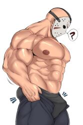 Rule 34 | 1boy, ?, abs, ass, ass lift, bara, bulge, bulge lift, chan kuro (azsdi4e), dressing, feet out of frame, friday the 13th, from side, grey male underwear, highres, hockey mask, i&#039;ve never seen a guy recreate this successfully tbh (meme), jason voorhees, large areolae, large pectorals, looking at bulge, male focus, male underwear, mask, meme, motion lines, muscular, muscular male, nipples, open pants, pants, pants lift, pectorals, shiny skin, short hair, sideburns, solo, spoken question mark, stomach, thick thighs, thighs, topless male, undersized clothes, underwear