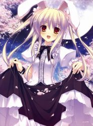 Rule 34 | 1girl, absurdres, animal ears, blonde hair, blush, bow, bowtie, cherry blossoms, clothes lift, fujisaki rei, full moon, highres, looking at viewer, moon, night, open mouth, petals, puffy sleeves, rabbit ears, red eyes, ribbon, skirt, skirt basket, skirt lift, smile, solo, tareme, twintails, wristband
