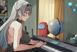 Rule 34 | 1girl, among us, backless outfit, bare arms, bare shoulders, black hairband, breasts, commentary, crewmate (among us), firefly (honkai: star rail), globe, grey hair, hairband, highres, honkai: star rail, honkai (series), indoors, instrument, keenh, keyboard (instrument), large breasts, long hair, parted lips, purple eyes, solo, upper body, very long hair