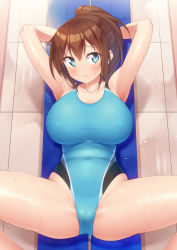 Rule 34 | 1girl, arms behind head, arms up, bare arms, bare legs, bench, blue eyes, blush, breasts, brown hair, cameltoe, collarbone, commentary request, competition swimsuit, covered erect nipples, from above, hair between eyes, highleg, highleg swimsuit, highres, indoors, kazuma (kazumav), large breasts, long hair, looking at viewer, lying, on back, one-piece swimsuit, original, ponytail, solo, spread legs, sweat, swimsuit, thighs, tile floor, tiles, wavy mouth