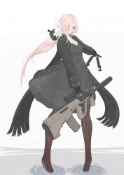 Rule 34 | 1girl, absurdres, assault rifle, aug (girls&#039; frontline), black dress, black gloves, boots, breasts, brown eyes, brown footwear, brown hair, bullpup, cleavage, commentary request, dress, flower, fringe trim, full body, girls&#039; frontline, gloves, grey background, gun, hair flower, hair ornament, highres, holding, holding gun, holding weapon, lamniku0, long hair, long sleeves, looking at viewer, medium breasts, name connection, object namesake, parted bangs, rifle, simple background, solo, standing, steyr aug, suppressor, thigh boots, very long hair, weapon, white flower