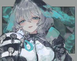 Rule 34 | 1girl, :q, abstract background, arknights, black jacket, blush, breasts, commentary, dress, fingerless gloves, gloves, green background, green eyes, grey background, grey hair, half-closed eyes, head wings, highres, ho&#039;olheyak (arknights), jacket, large breasts, looking at viewer, rocb, short hair, sketch, solo, striped clothes, striped jacket, tongue, tongue out, upper body, white dress, white gloves, white jacket, wings