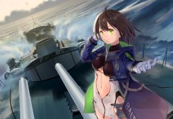 Rule 34 | 1girl, ahoge, arm behind head, azur lane, baltimore (azur lane), blue coat, breasts, brown hair, center opening, chain, closed mouth, clothing cutout, cloud, coat, commentary, gloves, green eyes, hood, hooded coat, looking at viewer, medium breasts, multicolored coat, navel, ocean, open clothes, open coat, outstretched hand, ship, short hair, sky, stomach cutout, sun, touch fish dumplings, turret, underboob, underboob cutout, water, watercraft, waves, white gloves
