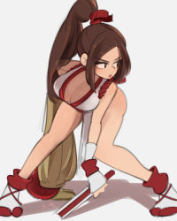 Rule 34 | 1girl, bent over, blush, breasts, brown eyes, brown hair, cleavage, fatal fury, hand fan, highres, holding, holding fan, large breasts, long hair, looking to the side, onionsketch, parted bangs, shiranui mai, sketch, solo, the king of fighters, v-shaped eyebrows, very long hair, white footwear