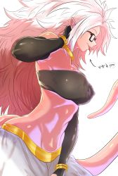 Rule 34 | 1girl, android 21, arrow (symbol), bad id, bad pixiv id, bare shoulders, black-framed eyewear, black sclera, bracelet, breasts, bridal gauntlets, colored sclera, colored skin, cowboy shot, dragon ball, dragon ball fighterz, covered erect nipples, eyebrows, facing away, fang, from side, glasses, groin, harem pants, highres, jewelry, large breasts, long hair, looking away, looking to the side, majin android 21, messy hair, navel, neck ring, open mouth, pants, pink skin, pointy ears, red eyes, smile, solo, standing, stomach, strapless, tail, tatsuumi, teeth, tongue, tongue out, tube top, very long hair, white hair, white pants