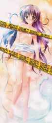 Rule 34 | 1girl, absurdres, blush, breasts, caution tape, censored, clothes pull, convenient censoring, english text, from above, full-face blush, groin, highres, komatsu eiji, long hair, lying, on back, one-piece swimsuit, one-piece swimsuit pull, purple hair, school swimsuit, shower head, standing, swimsuit, tile floor, tiles, undressing, very long hair, water, wet, white one-piece swimsuit, white school swimsuit, yellow eyes