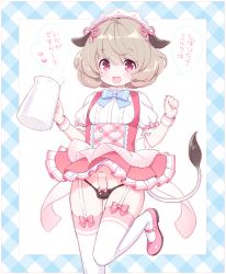 Rule 34 | +++ (artist), 1boy, animal ears, ball bra, blush, bow, bow panties, brown hair, carafe, censored, cow ears, cow tail, crossdressing, dress, erection, foreskin, garter straps, highres, maid headdress, male focus, mary janes, original, panties, penis, penis in panties, phimosis, red eyes, shoes, small penis, smile, solo, standing, standing on one leg, tail, text focus, thighhighs, translated, trap, underwear