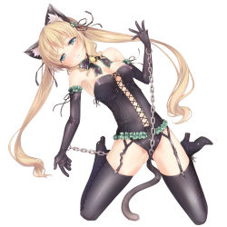Rule 34 | 1girl, animal ears, aqua eyes, bad id, bad pixiv id, bare shoulders, bdsm, bell, binzoko megane (san-inch), blonde hair, blush, boots, cat ears, cat tail, chain, elbow gloves, full body, garter straps, gloves, green eyes, high heels, hintei megane, jingle bell, latex, long hair, neck ribbon, original, ribbon, shoes, simple background, solo, tail, thigh boots, thighhighs, twintails