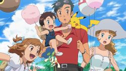 Rule 34 | 2boys, 2girls, :d, aged up, ash ketchum, balloon, belt, black belt, black hair, brown eyes, brown hair, cloud, collared shirt, commentary, cotton candy, creatures (company), day, dress, english commentary, eyewear on head, facial hair, feeding, floette, floette (blue flower), game freak, gen 1 pokemon, gen 6 pokemon, hair ornament, hairclip, hat, holding, holding string, if they mated, multiple boys, multiple girls, nintendo, noelia ponce, on shoulder, open mouth, outdoors, pants, pikachu, pokemon, pokemon (anime), pokemon (creature), pokemon on shoulder, pokemon xy (anime), red shirt, serena (pokemon), shirt, short hair, short sleeves, sky, smile, string, sunglasses, tongue, watch, white dress, white headwear, wristwatch