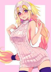 Rule 34 | 1girl, aran sweater, bare shoulders, black thighhighs, blonde hair, blush, braid, breasts, cable knit, fate/apocrypha, fate (series), helmet, hizuki aya, jeanne d&#039;arc (fate), jeanne d&#039;arc (ruler) (fate), large breasts, long hair, looking at viewer, meme attire, open mouth, purple eyes, sideboob, solo, sweater, tears, teeth, thighhighs, very long hair, virgin killer sweater