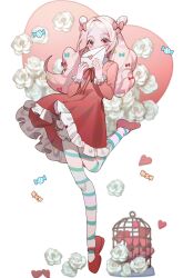 Rule 34 | 1girl, birdcage, blue bow, bow, bowtie, cage, candy, collar, collared dress, cookie run, cotton candy cookie, covering own mouth, double bun, dress, envelope, eyelashes, flower, food, frilled dress, frilled sleeves, frills, full body, green bow, hair bow, hair bun, heart, highres, holding, holding envelope, leg up, long hair, looking at viewer, mary janes, multiple hair bows, pantyhose, pink bow, pink hair, red bow, red bowtie, red dress, red eyes, red footwear, rina (pipi58293333), rose, shoes, short dress, solo, striped clothes, striped pantyhose, white background, white bow, white collar, white flower, white pantyhose, white rose
