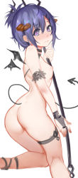Rule 34 | 1girl, ass, blue hair, blush, breasts, demon tail, holding, holding weapon, horns, kneeling, looking at viewer, nipples, nude, original, polearm, purple eyes, short ponytail, simple background, sketch, small breasts, solo, tail, trident, weapon, white background, wings, xiaoshou xiansheng