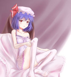 Rule 34 | 1girl, absurdres, adjusting clothes, adjusting legwear, ass, babydoll, bare shoulders, blush, breasts, collarbone, demon wings, doge (jkdoge), hair between eyes, hat, hat ribbon, highres, indoors, looking at viewer, medium hair, mob cap, open mouth, purple hair, red eyes, remilia scarlet, ribbon, small breasts, solo, strap slip, thighhighs, touhou, vampire, white thighhighs, wings