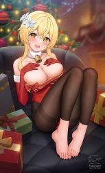 Rule 34 | 1girl, barefoot, bell, blonde hair, blush, box, breasts, christmas, christmas tree, cleavage, couch, elbow gloves, feet, flower, genshin impact, gift, gift box, gloves, hair flower, hair ornament, hands on own chest, highres, large breasts, leotard, long hair, looking at viewer, lumine (genshin impact), open mouth, pantyhose, ribbon, toes, yellow eyes