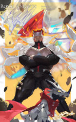 Rule 34 | 2boys, armor, artist name, black bodysuit, bodysuit, cape, character name, coat, coat on shoulders, covered eyes, cowboy shot, cropped legs, crossed arms, debris, digimon, digimon (creature), dragon, e volution, gankoomon, hackmon (digimon), high collar, horns, jesmon, multiple boys, muscular, no humans, open mouth, profile, red cape, red hair, royal knights, sharp teeth, single horn, teeth, trench coat, white coat, yellow eyes