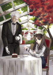 Rule 34 | 1boy, 1girl, absurdres, archer (fate), black bow, black bowtie, bow, bowtie, chair, fate/stay night, fate (series), gloves, highres, l&#039;epice, sitting, table, tablecloth, tohsaka rin, tree, tuxedo, two side up, waistcoat, waiter, white gloves, white hair