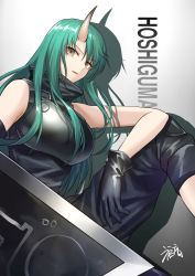 Rule 34 | 1girl, arknights, armor, bare arms, bare shoulders, black gloves, black pants, black shirt, breastplate, breasts, character name, drop shadow, feet out of frame, gloves, gogatsu fukuin, gradient background, green hair, grey background, grey eyes, hair between eyes, hannya (arknights), high collar, highres, horns, hoshiguma (arknights), knee up, large breasts, long hair, looking at viewer, pants, parted lips, shield, shirt, signature, single horn, sitting, sleeveless, sleeveless shirt, solo