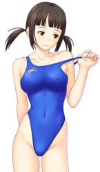 Rule 34 | 1girl, asics, black hair, blunt bangs, breasts, brown eyes, brown hair, clothes pull, competition swimsuit, covered erect nipples, highleg, highleg swimsuit, kuri (kurigohan), long hair, medium breasts, navel, one-piece swimsuit, one-piece swimsuit pull, one-piece tan, pulling own clothes, short hair, short twintails, simple background, skin tight, skindentation, smile, solo, swimsuit, tan, tanline, twintails, two side up, undressing