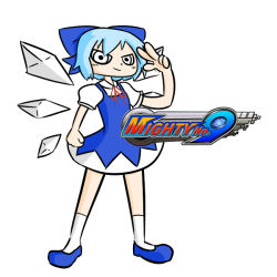 Rule 34 | circled 9, 1girl, blue dress, blue hair, bow, cirno, dress, hair bow, ice, ice wings, mighty no. 9, parody, peter barton, salute, short hair, solo, touhou, wings