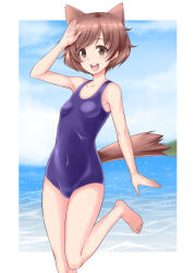 Rule 34 | 10s, 1girl, absurdres, akiyama yukari, animal ears, barefoot, beach, blue one-piece swimsuit, breasts, brown eyes, brown hair, cloud, cloudy sky, day, girls und panzer, highres, kemonomimi mode, leg up, looking at viewer, messy hair, one-piece swimsuit, open mouth, outdoors, salute, school swimsuit, short hair, sky, small breasts, smile, solo, standing, swimsuit, tail, wolf ears, wolf tail, yamada (yamada adamay)