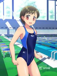 Rule 34 | 1girl, brown hair, competition swimsuit, mizuno (brand), one-piece swimsuit, open mouth, pool, swimsuit
