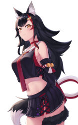 Rule 34 | 1girl, absurdres, animal ear fluff, animal ears, arms behind back, bare shoulders, bell, black hair, black shirt, black skirt, blush, breasts, brown eyes, choker, closed mouth, crop top, detached sleeves, highres, hololive, jingle bell, large breasts, leeshin0919, long hair, long sleeves, looking at viewer, midriff, miniskirt, navel, neckerchief, ookami mio, ookami mio (1st costume), pleated skirt, red choker, red neckerchief, sailor collar, shirt, simple background, skirt, smile, solo, tail, very long hair, virtual youtuber, white background, white sailor collar, wolf ears, wolf girl, wolf tail