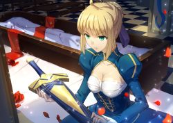 Rule 34 | 1girl, ahoge, artoria pendragon (all), artoria pendragon (fate), avalon (fate/stay night), breasts, canzhajiang, checkered floor, cleavage, cleavage cutout, clothing cutout, excalibur (fate/stay night), fate/stay night, fate (series), flower, green eyes, highres, kneeling, medium breasts, petals, revision, rose, saber (fate), solo, tile floor, tiles