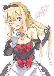Rule 34 | 1girl, alternate costume, apron, asymmetrical gloves, black dress, black gloves, blonde hair, blue eyes, braid, breasts, calin, collarbone, commentary request, crown, dated, detached collar, dress, french braid, frilled apron, frills, gloves, highres, kantai collection, long hair, long sleeves, looking at viewer, medium breasts, mini crown, mismatched gloves, one-hour drawing challenge, signature, simple background, solo, waist apron, warspite (kancolle), white apron, white background, white gloves