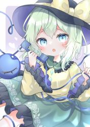 Rule 34 | 1girl, :o, black hat, blouse, blush, bow, floral print, frilled shirt collar, frilled sleeves, frills, green eyes, green hair, green skirt, hair between eyes, hat, hat bow, heart, heart of string, highres, holding, komeiji koishi, long sleeves, looking at viewer, open mouth, pafe yuzuran, ribbon, shirt, skirt, solo, third eye, touhou, wide sleeves, yellow bow, yellow shirt