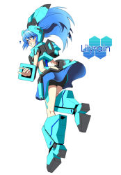 Rule 34 | 1girl, bike shorts, blue eyes, blue hair, blush, clothes lift, cosmic break, embarrassed, highres, kneepits, lily rain, lingerie, long hair, looking back, matching hair/eyes, mecha musume, open mouth, skirt, skirt lift, solo, sweatdrop, tosikage, twintails, underwear