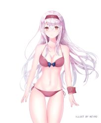 Rule 34 | 1girl, absurdres, alternate costume, bad id, bad pixiv id, bikini, breasts, brown eyes, cleavage, collarbone, hairband, highres, kantai collection, long hair, looking at viewer, neiless neiro, shoukaku (kancolle), silver hair, simple background, smile, solo, swimsuit