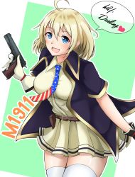 Rule 34 | 1girl, absurdres, ammunition belt, blonde hair, blue eyes, blue jacket, blush, character name, core1013, dress, english text, feet out of frame, girls&#039; frontline, gloves, gun, handgun, highres, holding, holding gun, holding weapon, jacket, m1911, m1911 (girls&#039; frontline), medium hair, open clothes, open jacket, open mouth, simple background, smile, solo, standing, thighhighs, weapon, white gloves, white thighhighs