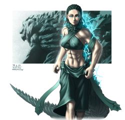 Rule 34 | 1girl, abs, bare shoulders, blue eyes, breasts, cleavage, commentary request, cornrows, criss-cross halter, dated, electricity, eyeliner, glowing, godzilla, godzilla: city on the edge of battle, godzilla: planet of the monsters, godzilla: the planet eater, godzilla (series), godzilla earth, green hair, halterneck, highres, large breasts, leaf, lizard tail, long hair, long skirt, makeup, midriff, muscular, muscular female, personification, skirt, solo focus, taikyokuturugi, tail, walking