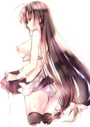 Rule 34 | 10s, 1girl, amane ruri, ass, bare shoulders, blue eyes, breasts, brown hair, cowboy shot, kantai collection, large breasts, long hair, nipples, panties, shouhou (kancolle), sketch, solo, sweat, thighhighs, underwear, very long hair, white background, white panties