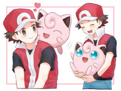 Rule 34 | 1boy, :d, baseball cap, black shirt, black wristband, blush, brown eyes, brown hair, closed eyes, closed mouth, commentary request, creatures (company), framed, game freak, gen 1 pokemon, hat, heart, highres, holding, holding pokemon, jigglypuff, male focus, mochi (mocchi p 2m), multiple views, nintendo, open mouth, pants, pokemon, pokemon (creature), pokemon frlg, red (pokemon), red headwear, red vest, shirt, short hair, short sleeves, smile, t-shirt, teeth, tongue, upper teeth only, vest, white background