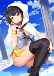 Rule 34 | 1girl, bangle, black footwear, blue sky, boots, bracelet, brown hair, capelet, clothes writing, cloud, column, cosplay, day, fate/grand order, fate (series), hachimaki, hair flaps, hatsuzuki (kancolle), headband, highres, hood, hood up, hooded capelet, jewelry, kantai collection, ortlinde (fate) (cosplay), ortlinde (fate), pillar, short hair, sky, solo, thigh boots, thighhighs, valkyrie (fate), valkyrie (fate/grand order), white capelet, yasume yukito, yellow eyes