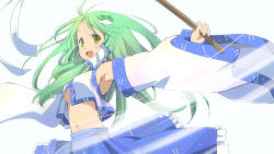 Rule 34 | 1girl, armpits, breasts, detached sleeves, female focus, gohei, green hair, hair ornament, hair tubes, kochiya sanae, long hair, medium breasts, midriff, navel, no bra, oonusa, open mouth, outstretched arms, smile, snake, solo, spread arms, touhou, underboob, wara (warapro), wide sleeves, yellow eyes