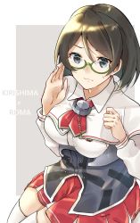 Rule 34 | 1girl, black hair, breasts, capelet, character name, closed mouth, cosplay, green-framed eyewear, hair between eyes, highres, kantai collection, kirishima (kancolle), large breasts, long sleeves, red skirt, roma (kancolle), roma (kancolle) (cosplay), short hair, simple background, skirt, solo, sweat, thighhighs, two-tone background, u yuz xx, white thighhighs