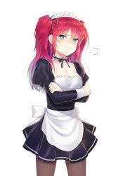 Rule 34 | 1girl, apron, blue eyes, blush, bow, breasts, choker, cleavage, crossed arms, frilled choker, frills, frown, hair ribbon, k (shinya90), long hair, long sleeves, looking at viewer, maid, maid apron, maid headdress, original, pantyhose, puffy sleeves, red hair, ribbon, ribbon choker, simple background, solo, standing, twintails, two side up, wavy mouth, white background
