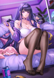 Rule 34 | 1girl, breasts, can, cleavage, controller, feet, game controller, genshin impact, headphones, highres, kacyu, large breasts, long hair, looking at viewer, mole, mole under eye, parted lips, purple eyes, purple hair, raiden shogun, see-through, see-through legwear, short shorts, shorts, slime (genshin impact), thighhighs, thighs, toes, yae miko, yae miko (fox)