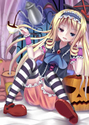 Rule 34 | 1girl, ascot, blonde hair, cup, drill hair, esureki, floating, floating object, hairband, halloween, head rest, heterochromia, jack-o&#039;-lantern, lolita hairband, long hair, open mouth, original, smile, solo, striped clothes, striped thighhighs, teacup, teapot, thighhighs, zettai ryouiki