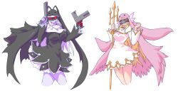 absurdres angel angel_girl angewomon cosplay demon demon_girl digimon digimon_(creature) fallen_angel head_wings highres ladydevimon long_hair mask sistermon_blanc sistermon_blanc_(cosplay) sistermon_noir sistermon_noir_(cosplay) wings