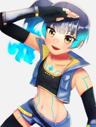 Rule 34 | 1girl, black shirt, black thighhighs, blouse, blue hair, breast pocket, brown eyes, chest jewel, fiery hair, flat chest, glowing lines, high tops, highres, navel, open mouth, pocket, sena (xenoblade), shirt, shoes, shorts, simple background, smile, sneakers, solo, sports bra, thighhighs, tochiryoh, white background, xenoblade chronicles (series), xenoblade chronicles 3